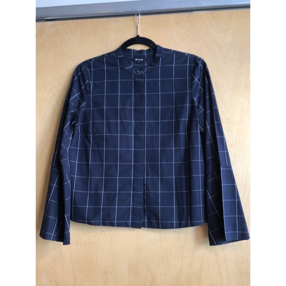 🖤 EUC! Madewell Bell-Sleeve Shirt in Navy Windowpane, Sz. M